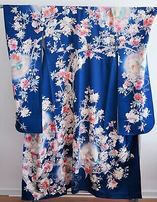Autentico Kimono Yen Furisode In 100% Seta Blu Scuro Dal Giappone  • 165€
