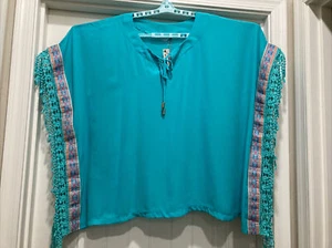 NWT Kaktus Coverup Top Poncho Embellished Sleeves SZ S/M Turquoise - Picture 1 of 12