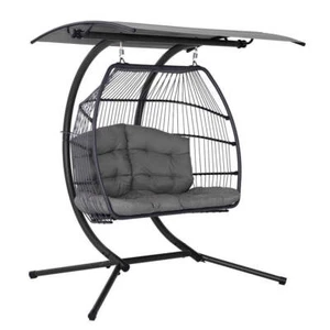 Gardeon Outdoor Egg Swing Chair Wicker Furniture Pod Stand Canopy 2 Seater Grey - Picture 1 of 8