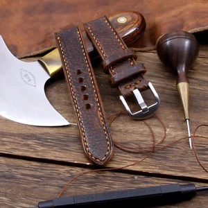 COZY Handmade Gobi Cognac Full-Stitch Leather Watch Strap 18/20/22/24 mm - Picture 1 of 3