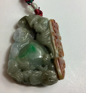 Green Two Sided Jadeite Monkey, Bat, Coins & Obelisk Translucent Pendant - Picture 1 of 16