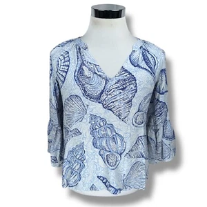 Lilly Pulitzer Matilda Blouse Women’s XS Blue White Peri Pop Up Shells 100% Silk - Picture 1 of 11