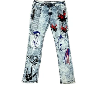 VTG Y2K REASON ACID WASH JEANS SZ 34 X 33 MOTO GRAPHIC PRINT ZIPPER POCKET MENS - Picture 1 of 8