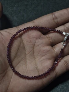 Pulseras de cuerda de plata fina 925 con cuentas redondas de 3 mm de piedras preciosas de granate rojo de 7 pulgadas - Imagen 1 de 7