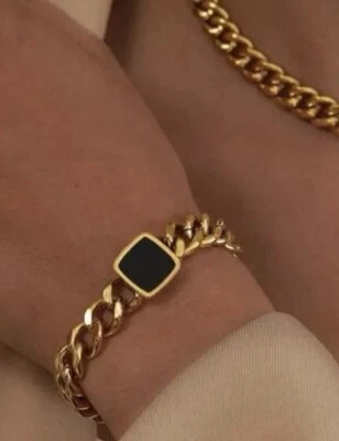 18k Gold Plated Black Onyx Cuban Bracelet Stainless Steel Square Womens Jewelry - Image 1 of 4