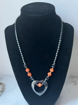 Gunmetal Gray Hematite Stone Heart Orange Glass Cats Eye Bead Necklace 18 inch - Image 1 of 4