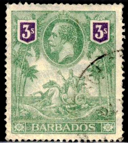 Barbados Scott #126 Used 3sh Green & Violet King George V 1912 HCV $130 ~ B2134 Cover