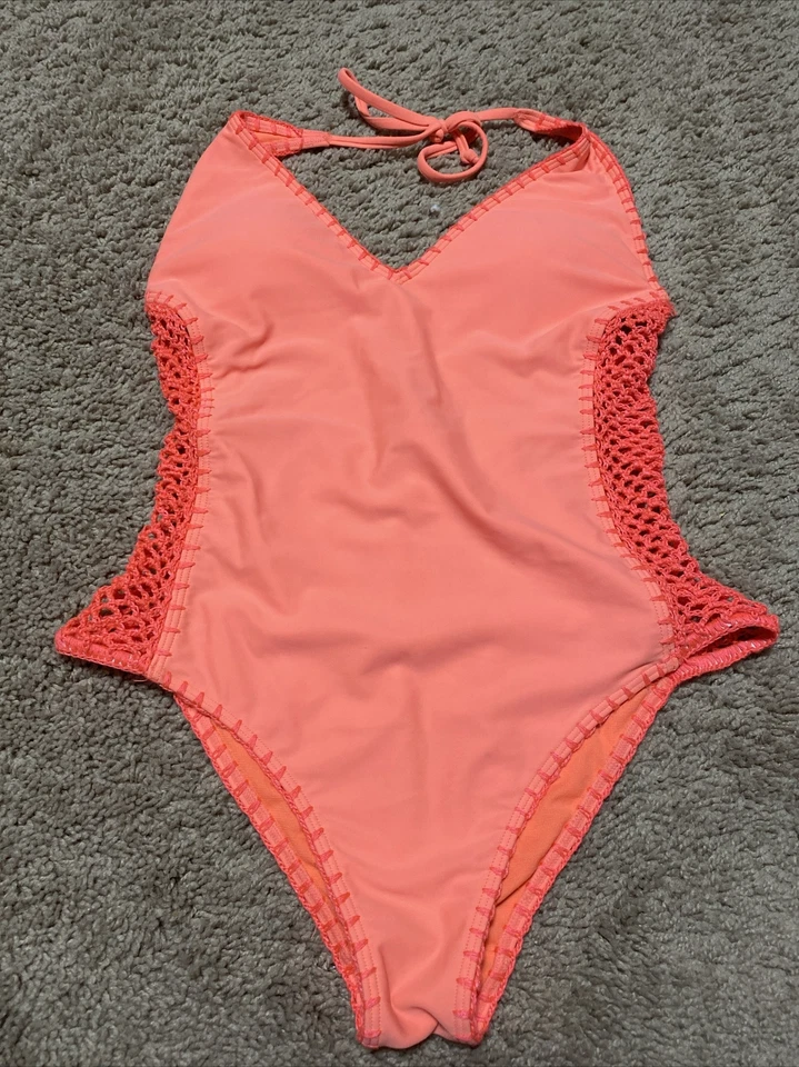Traje de baño Hollister de una pieza para jóvenes pequeño malla coral naranja playa Foto 1 de 4