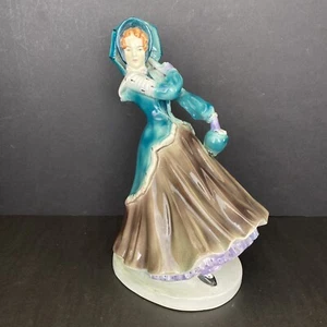Vintage Ceramic Victorian Lady Blue Brown Dress Figurine Umbrella Paresol Figure - Picture 1 of 9
