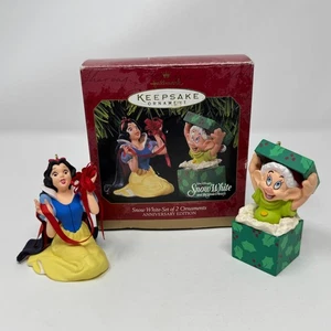 1997 Hallmark Snow White & Dopey Dwarf Set of 2 Ornaments Anniversary Edition - Picture 1 of 12