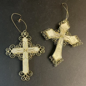 2 Vtg Capiz Shell Cross Christmas Ornament Gold Tone Wire Frame Set Ornate 5" - Picture 1 of 8