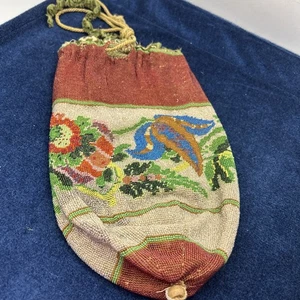 Antike viktorianische edwardianische MIKROPERLEN Blumen KORDELZUG HANDTASCHE Tasche Klappe 1910er - Bild 1 von 19