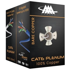 Cat6 Plenum Cable 1000Ft Bare Copper | 23AWG, 550MHz, 10 Gigabit PoE++ (4PPoE... - Picture 1 of 8