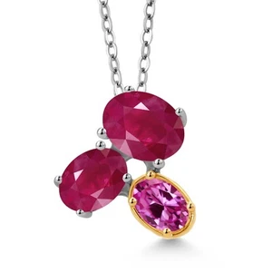925 Silver and 10K Yellow Gold Ruby and Pink Created Sapphire Pendant Necklace - Picture 1 of 4
