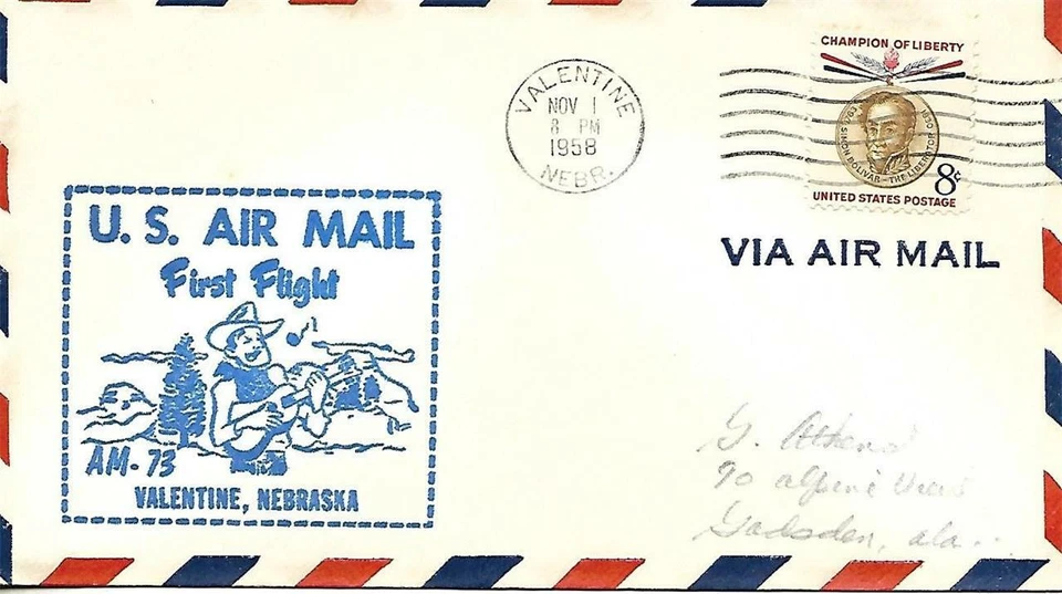 First Airmail Flight Cover Valentine NE November 1 1958 AAMC#73W42 - Image 1 of 1