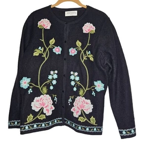 Casual Corner Annex Petite Boiled Wool Floral Embroidery Cardigan Sweater LP - Picture 1 of 11
