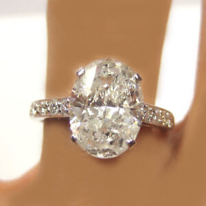 GIA Certified 4.00 Carat Oval & Round Cut Diamond Engagement Ring 18k White Gold