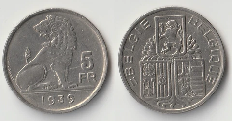 1939 Belgium 5 francs coin Cover