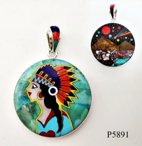 LOVELY SQUAW TURQUOISE MOUNTAIN CELESTIAL INLAY .925 SILVER MEDALLION PENDANT - Picture 1 of 4