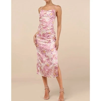 Vestido Midi Feminino Lulus Truest Romance Rosa Floral Sem Mangas Ruched Tamanho G Novo com etiquetas - Imagem 1 de 4