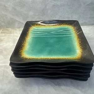 BAUM Galaxy Jade Set Of 6 Square Salad Plates 6”x 6”Green/Brown Crackle Glaze - Picture 1 of 16