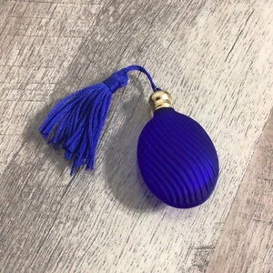 Vintage Cobalt Blue Miniature Perfume Bottle Frosted Glass Satin Tassel 2.5" - Picture 1 of 6