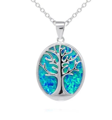 E05 Albero Della Vita di Ovale Blu Opale Fuoco Argento Sterling 925 Rimorchio E - Immagine 1 di 4