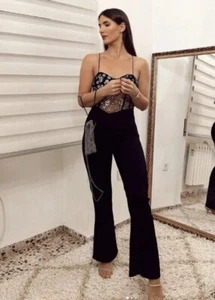 ZARA NEW WOMAN SS22 BLACK CONTRAST JUMPSUIT WITH SEQUINS REF:0387/193 Size XS - Picture 1 of 6