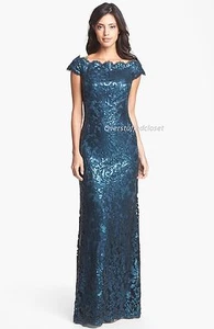 NWT $438 Tadashi Shoji Blue Sequin Lace Off Shoulder Gown Starry Night Color 4 - Bild 1 von 4