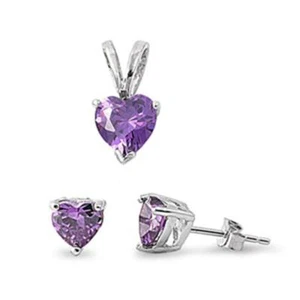 Amethyst Heart Pendant & Earrings Set .925 Sterling Silver - Picture 1 of 2