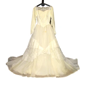 VINTAGE 50’s BRAUTKLEID PRINZESSINNENKLEID STUFEN ORGANZA SPITZE & TÜLL 60” LANG - Bild 1 von 24