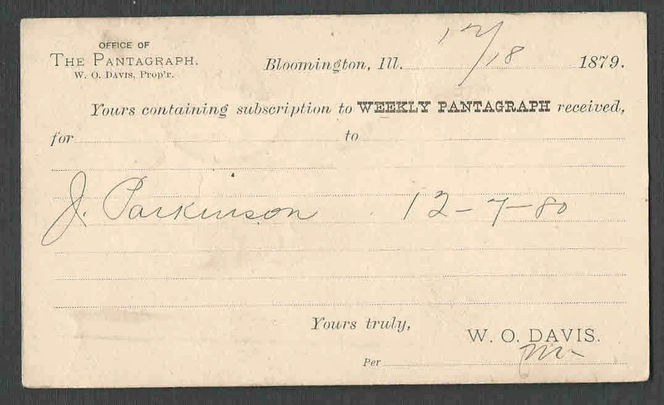 1879 PC BLOOMINGTON IL PANTOGRAPH CO INS INFO WEEKLY - Image 1 of 1