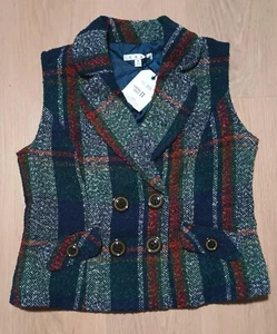 NWT CAbi Wool Blend Boucle Tweed Plaid Navy Blue Double Breasted Vest Top 908 M - Picture 1 of 3
