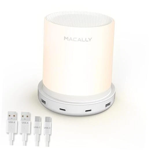 Macally Small Bedside Lamp with USB Ports (USB C 2x C A White