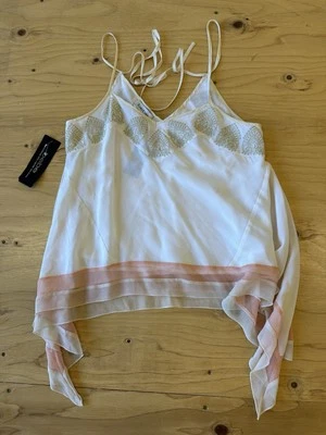 Top con correa de espagueti de seda Bebe para mujer XS fluido marfil melocotón bordado Y2K Foto 1 de 4