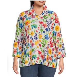 Ali Miles Floral Print Point Collar Tunic Top Shirt Plus Size 2X 3/4 Bell Sleeve - Picture 1 of 7