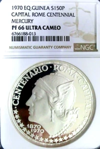 Equatorial Guinea 1970 Rome Centennial Mercury 999 Silver 150P Proof NGC PR PF66 - Picture 1 of 2