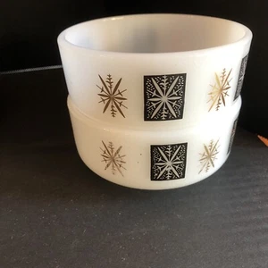 Federal Milk Glass Bowls Atomic Starburst White Black Gold 1 Cup MCM -set Of 2 - Picture 1 of 4