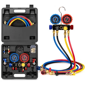 AC Manifold Gauge Set 4 Way For R134a R410a R22 R32 Refrigerat with 5ft Hoses - Picture 1 of 8