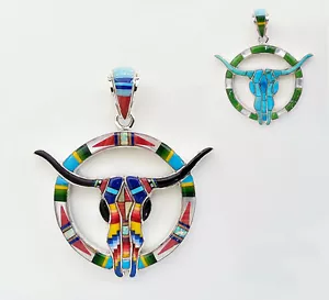 SUPERB MULTICOLOR OPAL SPINY LAPIZ ONYX INLAY .925 SILVER BUFFALO HEAD PENDANT - Picture 1 of 3