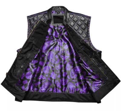 Men's Black Leather Vest Diamond Motorbike Motorcycle Concealed Purple Waistcoat - Image 1 of 4