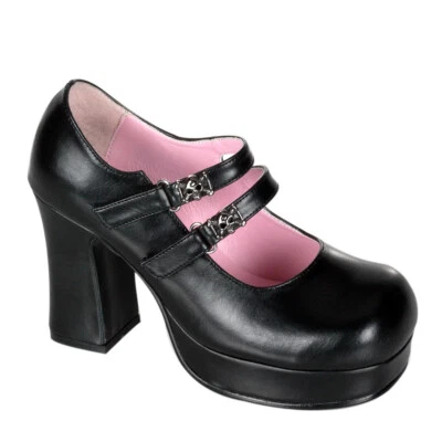 DEMONIA GOT09/B/PU Sexy Gothic Punk Lolita Double Strap Black Mary Janes Shoes - Image 1 of 4
