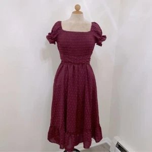 Square Neck Puff Sleeve Swiss Dot Ruffle Flowy Burgundy Midi Dress Size L NWT - Picture 1 of 8