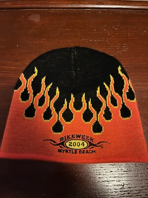 Vintage 2004 Daytona Beach Bike Week Black/Orange Flame Beanie Hat ￼￼toboggan - Image 1 of 4