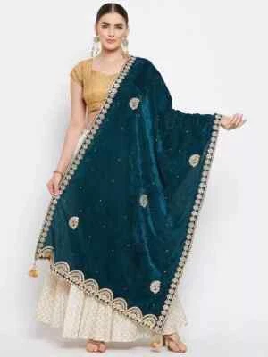 Teal Green Floral Embellished Border Scarf Velvet Dupatta Chunni Stole Shawl - Image 1 of 4