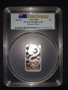 2019 AUSTRALIA DRAGON 1 OUNCE .9999 SILVER BAR PCGS PR 70 DCAM FIRST STRIKE! - Picture 1 of 2