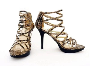 High Heel Strappy Gladiator Sandals Heels Brown Gold Snake Print Party  UK 7 40 - Picture 1 of 15