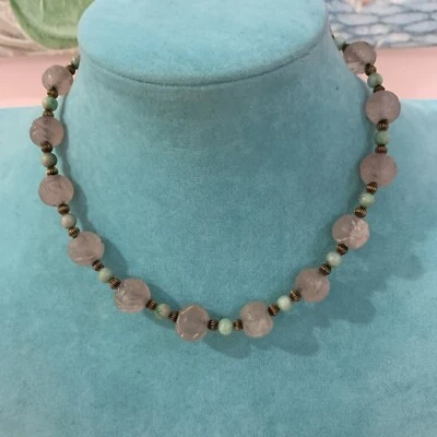 ESTATE RARE CHINESE VINTAGE CARVED PINK JADE,GOLD GILT BEADS CHOKER NECKLACE 15" - Image 1 of 4