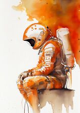 Astronaut Sitting on a Rock, watercolor painting Print 5"x7"
