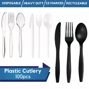 100 x Disposable Plastic Cutlery White Black Clear Forks Knives Spoons Reusable - Picture 1 of 7